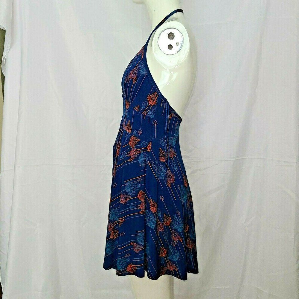 Free People Blue Peacock feather print Lined Halter Dress Boho Extra Small XS - Picture 3 of 11